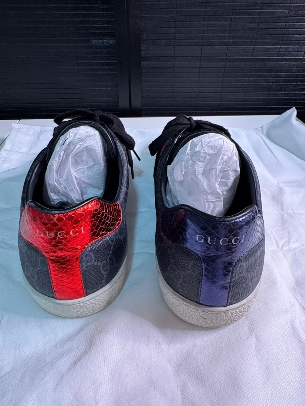 Gucci Gray leather Monogram Sneakers with Navy and Red Stripes